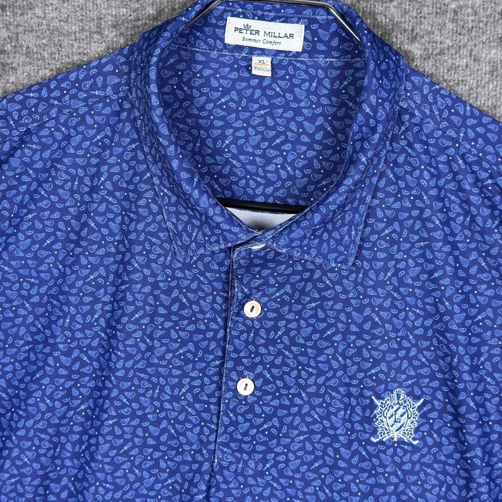 Peter Millar Polo Shirt Mens XL Blue Steakhouse Grill Print Summer Comfort Pique